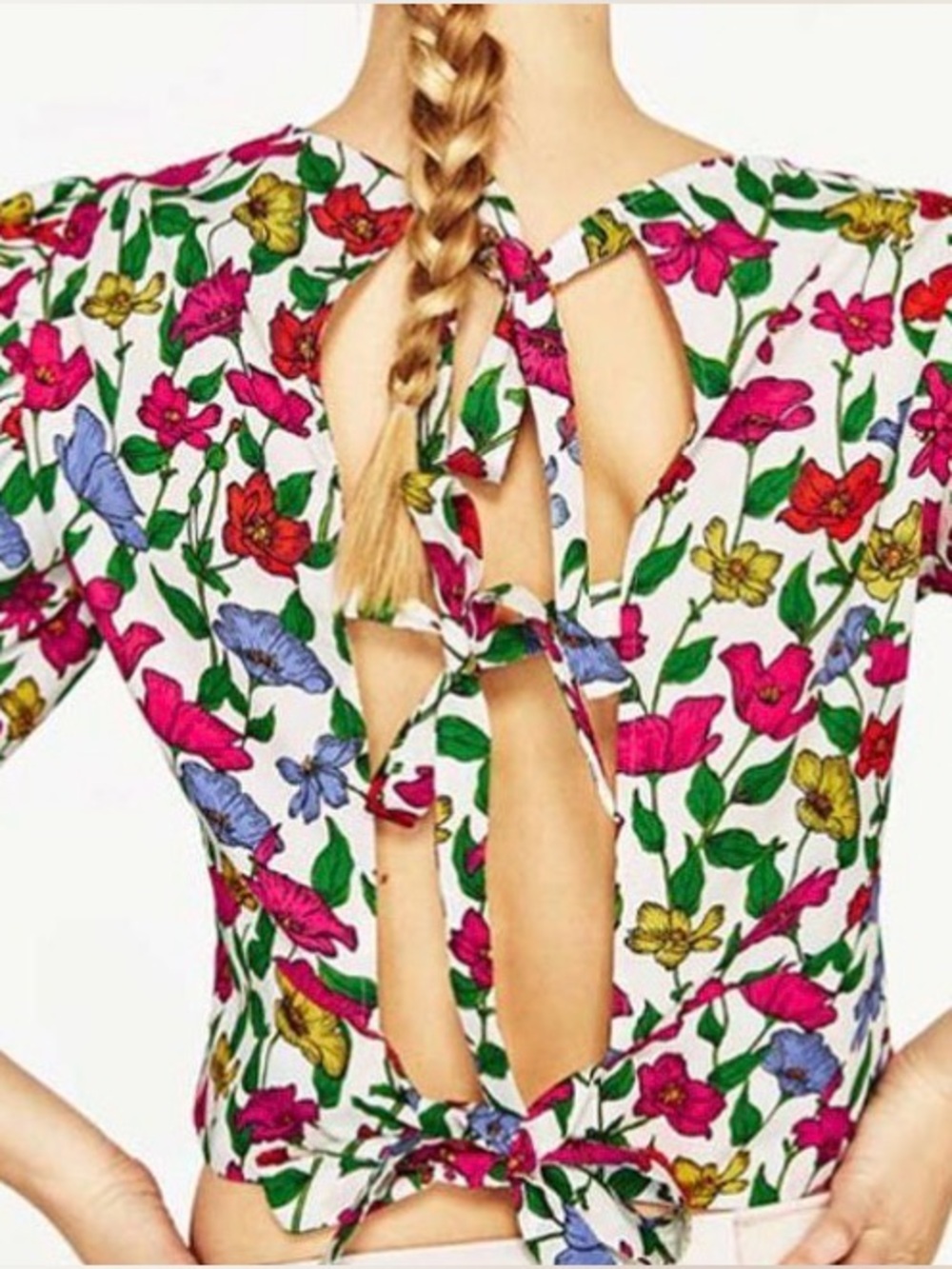 ZARA Basic Tie-Back Floral Puff Sleeve Top XL - Picture 4 of 9